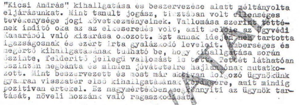 "Kicsi András" beszervezése / Az ABTL iratának másolata a Hamvas Intézet archívumából
