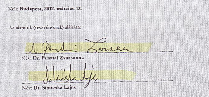 Simicska Lajos és neje aláírása a Hárskúti Mezőgazdasági Zrt. (korábbi nevén 
