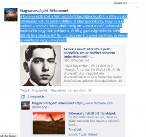 Antiszemita bejegyzés a "Magyarországért Békemenet" oldalán