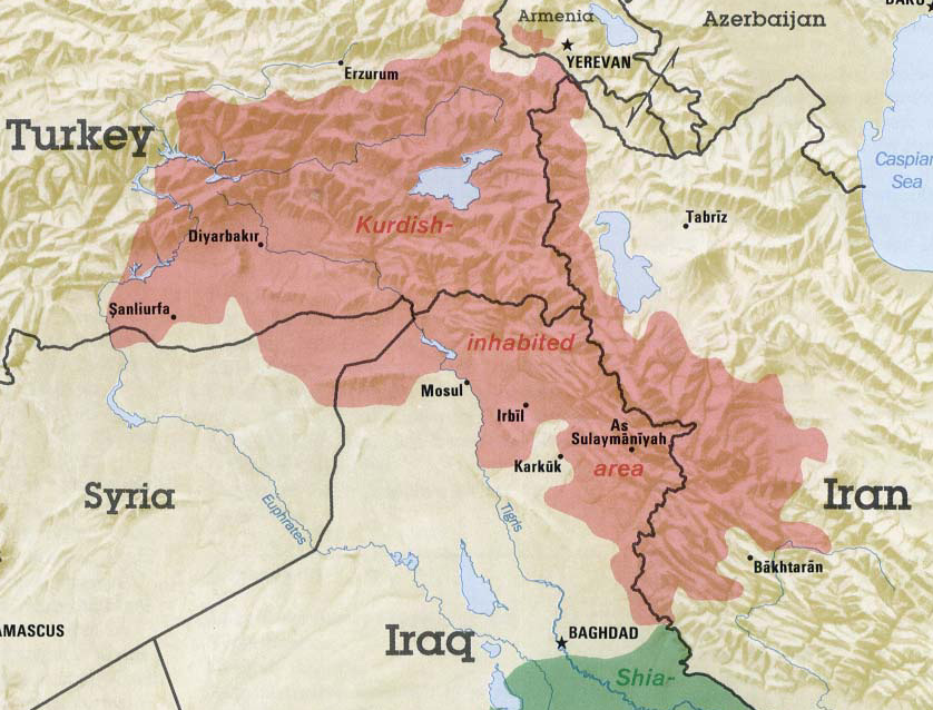 Kurd népességű területek Törökországban, Szíriában, Irakban és Iránban (forrás: arabpress.eu)