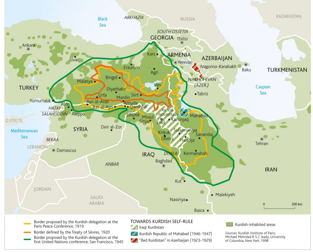 Kurdok által lakott területek, az első világháborút követő határváltozatok és a kurd igények (térkép: mondediplo.com)