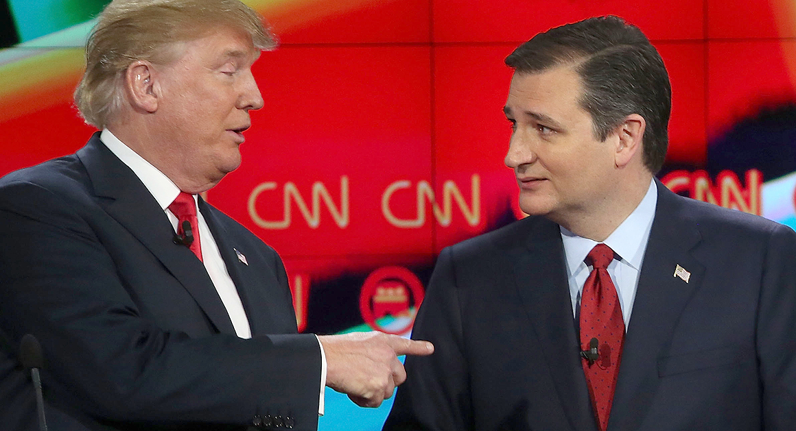 LAS VEGAS, NV - DECEMBER 15: Republican presidential candidates Donald Trump (L) and Sen. Ted Cruz (R-TX), interact at the conclusion of the CNN republican presidential debate at The Venetian Las Vegas on December 15, 2015 in Las Vegas, Nevada. Thirteen Republican presidential candidates are participating in the fifth set of Republican presidential debates. (Photo by Justin Sullivan/Getty Images)