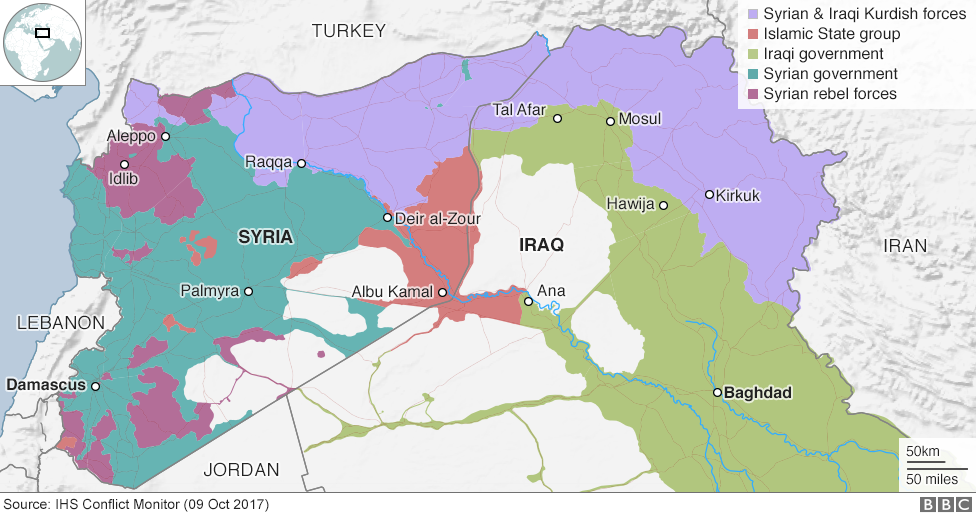 Az iraki és a szír kormányerők, az Iszlám Állam, a szír lázadók, valamint a kurd csapatok által ellenőrzött területek (forrás: bbc.com)