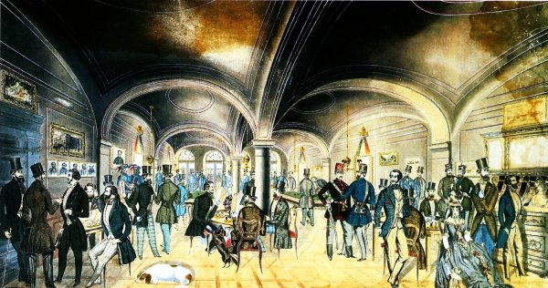 A Pilvax kávéház belső tere a reformkorban, Preiszler József színezett tollrajzán. Fotó: Wikipedia