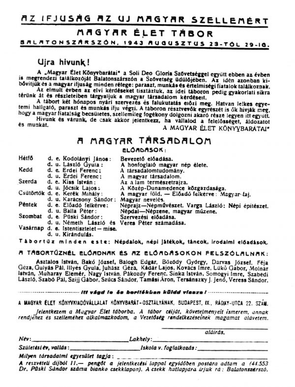Az 1943. augusztus 23-29. között Püski Sándor szervezésében megvalósult Magyar Élet Tábor hivatalos meghívóje.<br />Fotó: MTI - Reprodukció