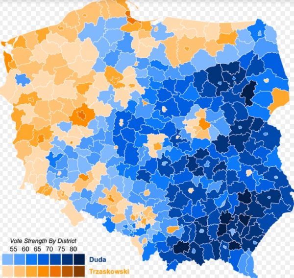 A legutóbbi lengyel elnökválasztás eredménye. Duda (kék) színnel nyert, de előnye csupán három százalékpontnyi lett a liberális varsói polgármester, Trzakowskival szemben. Forrás: Wikipedia