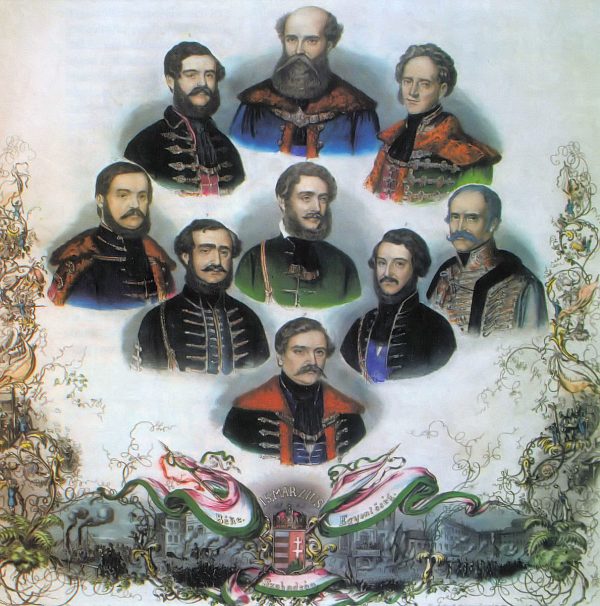 Az első felelős, magyar kormány, legfelül gróf Batthyány Lajos miniszterelnök. Tyroler József színezett metszete. Forrás: Wikipedia