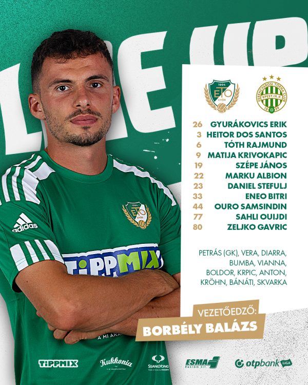 Borbély Balázs a képen látható kezdőnek szavazott bizalmat a Ferencváros elleni meccsen. Fotó: az ETO FC Győr hivatalos Facebook-oldala