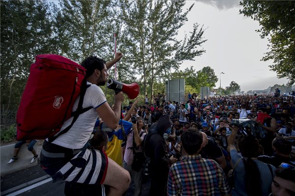 Egy aktivista hergeli a migránsokat - Horgos, szeptember 16. Fotó: MTI/Sóki Tamás